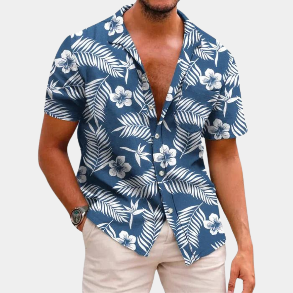 Men's Short Sleeve Tropical Leaf Pattern Shirt Relaxed Fit Buttoned Front For Summer Casual Wear