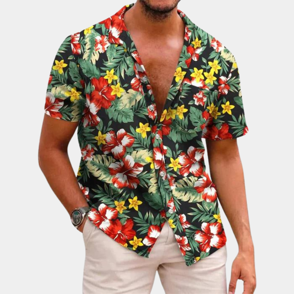 Men's Short Sleeve Tropical Leaf Pattern Shirt Relaxed Fit Buttoned Front For Summer Casual Wear