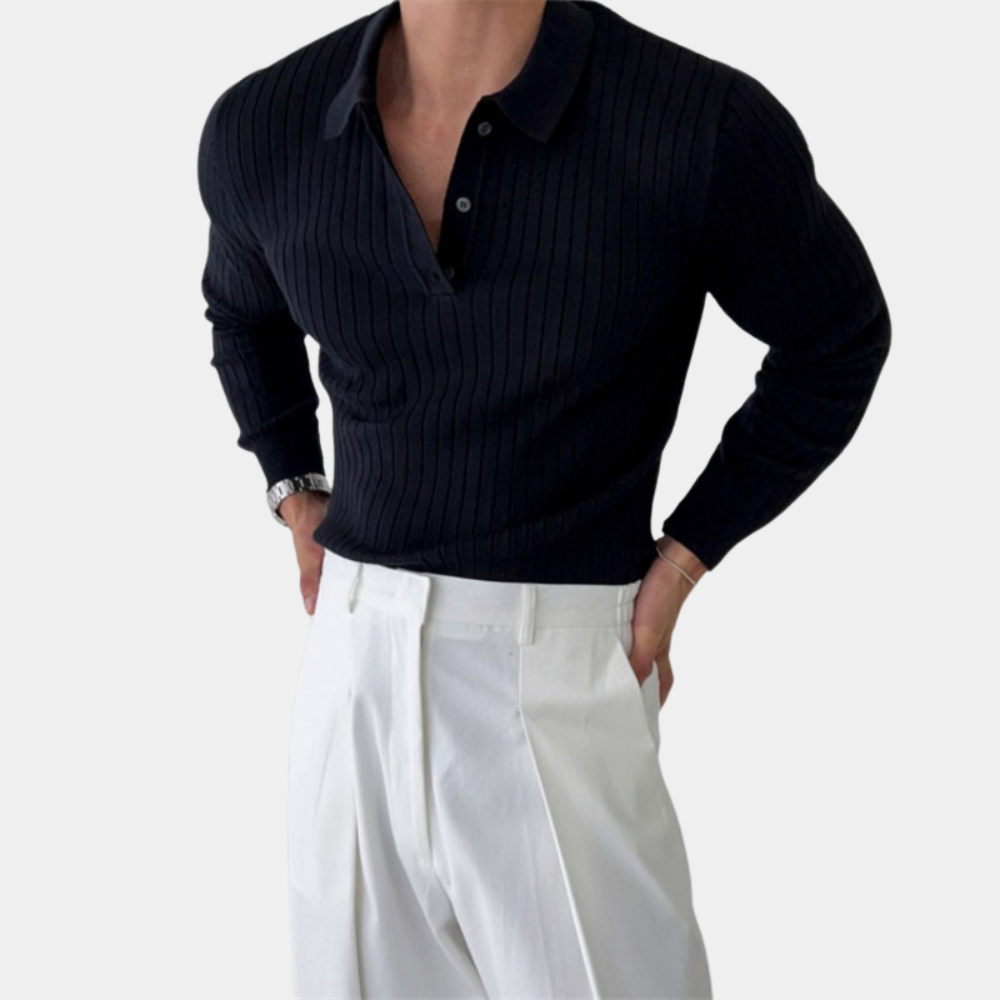 TrendAura Mens Ribbed Knit Polo Sweater With Long Sleeves And Button Closure Elegant And Comfortable