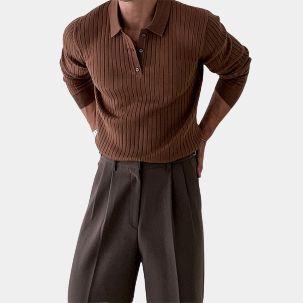 TrendAura Mens Ribbed Knit Polo Sweater With Long Sleeves And Button Closure Elegant And Comfortable