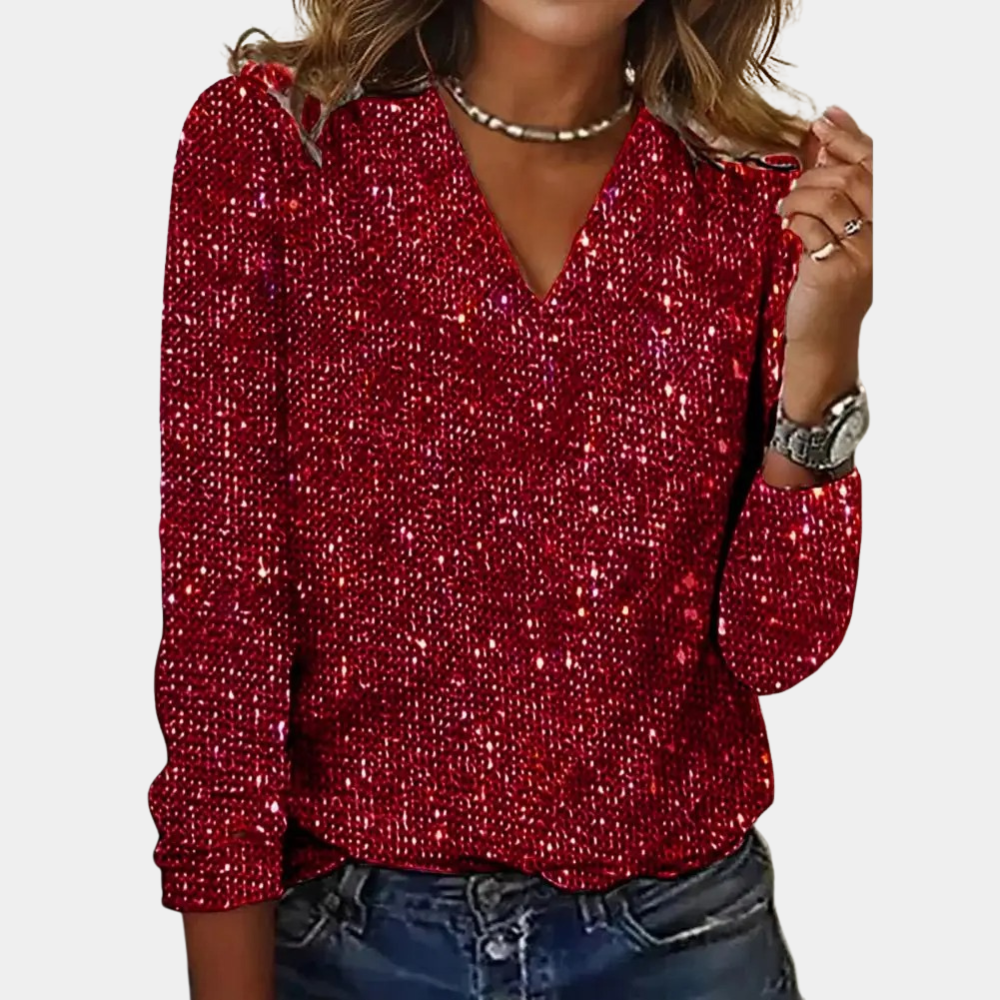 Women's Blouse - V-Neck Sequins - Long-Sleeved Festive Elegant Top