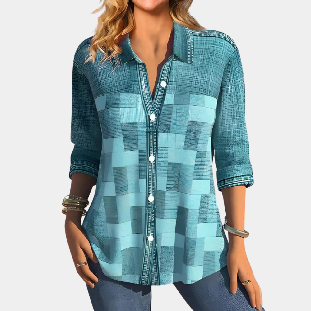 Women's Shirt - Relaxed Fit - Long-Sleeved - Button Closure - Checked Patchwork Design