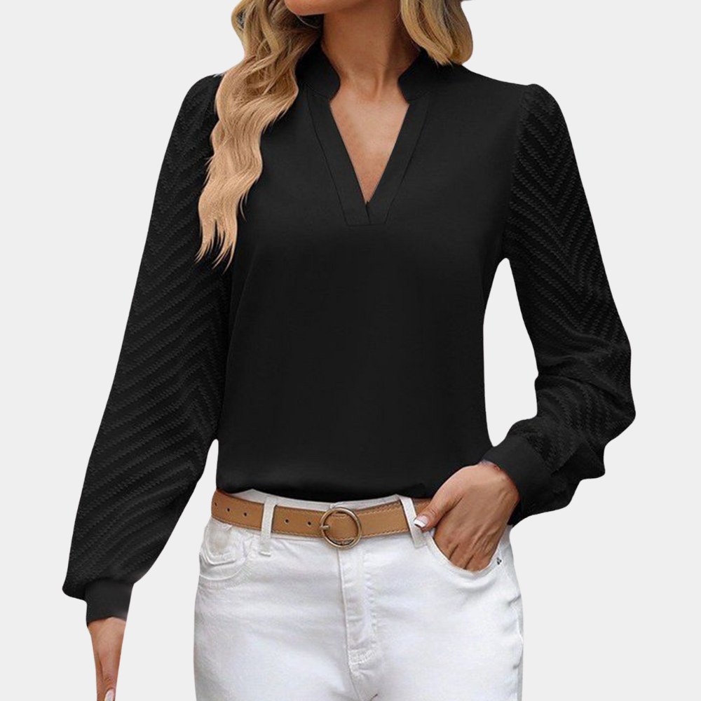 Women's Blouse - V-Neck - Long Sleeves with Pattern - Elegant and Light Fit