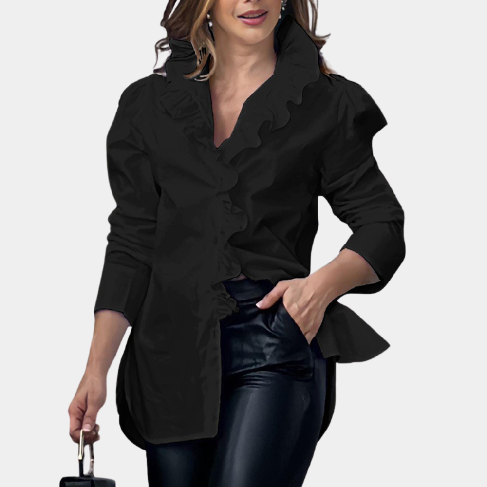 Women's Blouse - Ruffle Collar & Front - Long-Sleeved Elegant Tailored Fit