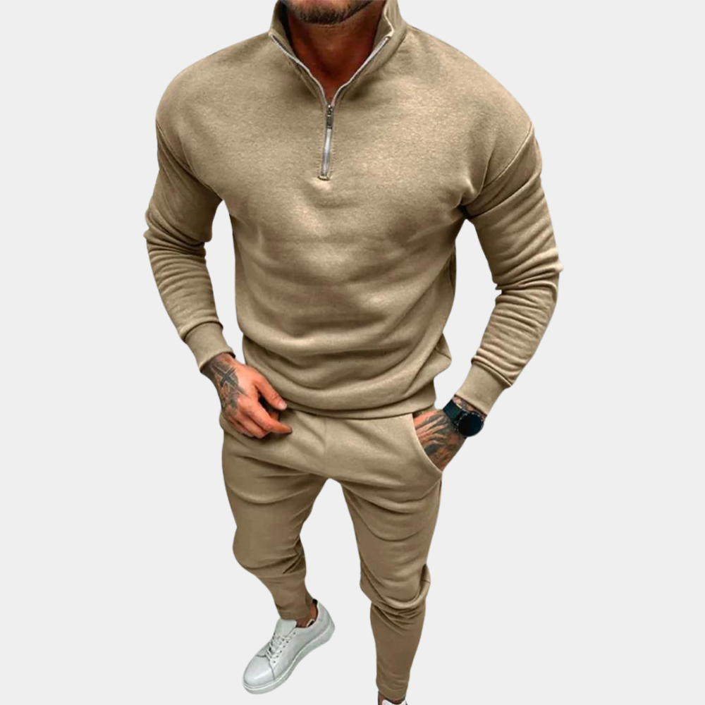 Mens Tracksuit Cotton Relaxed Fit Half Zip Top Elastic Pants 2 Piece Set For Men