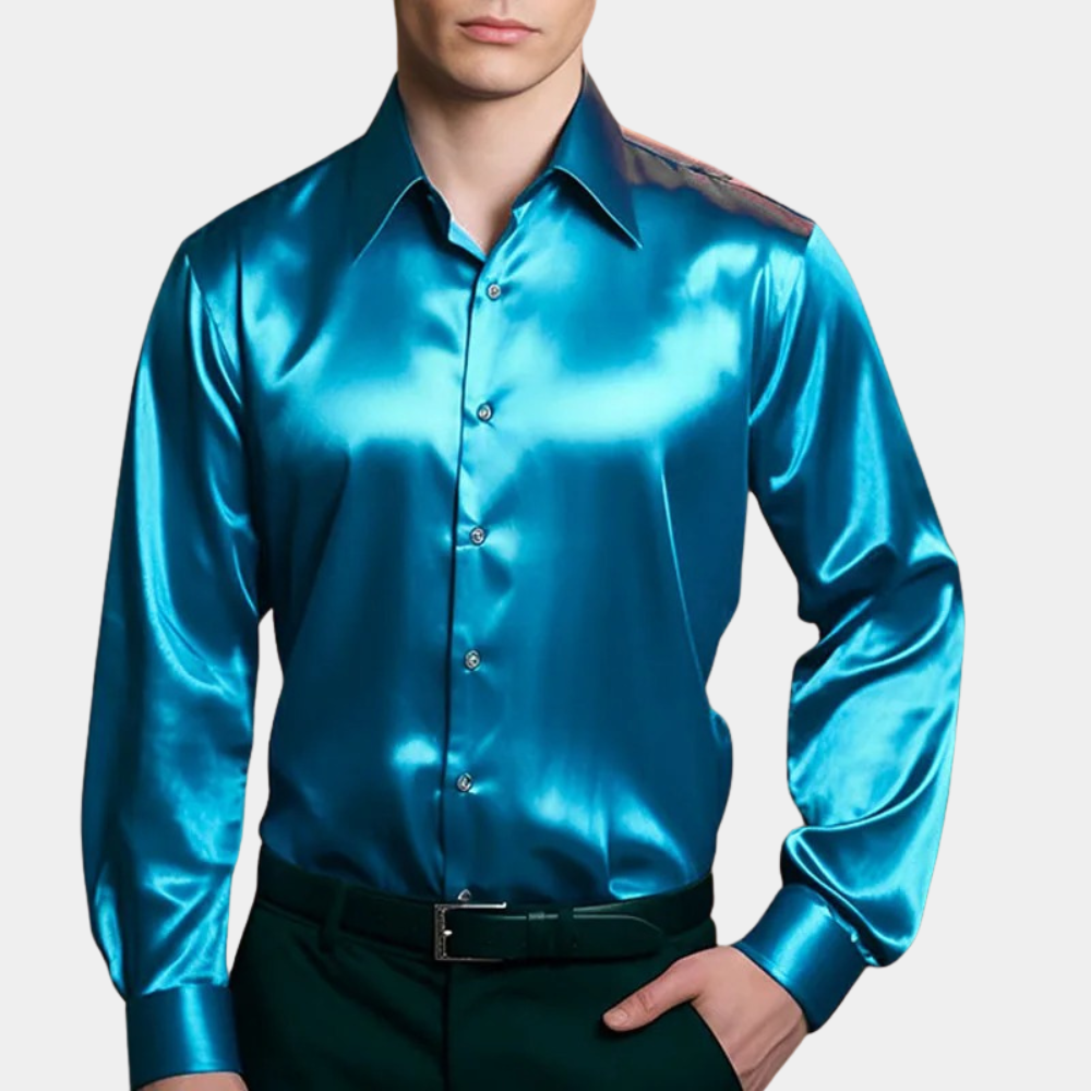 Mens Satin Look Long Sleeve Slim Fit Shirt With Classic Button Closure Elegant Formal Dress Shirt For Festive Occasions