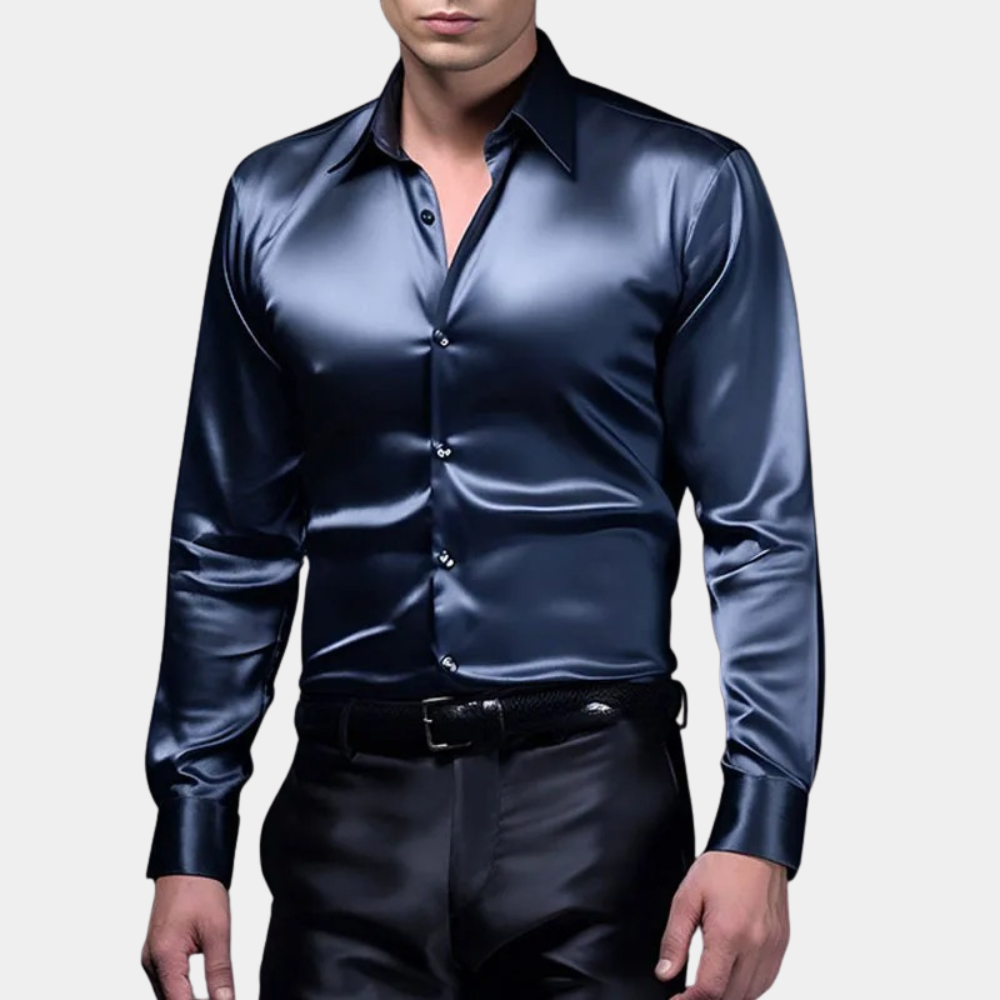 Mens Satin Look Long Sleeve Slim Fit Shirt With Classic Button Closure Elegant Formal Dress Shirt For Festive Occasions