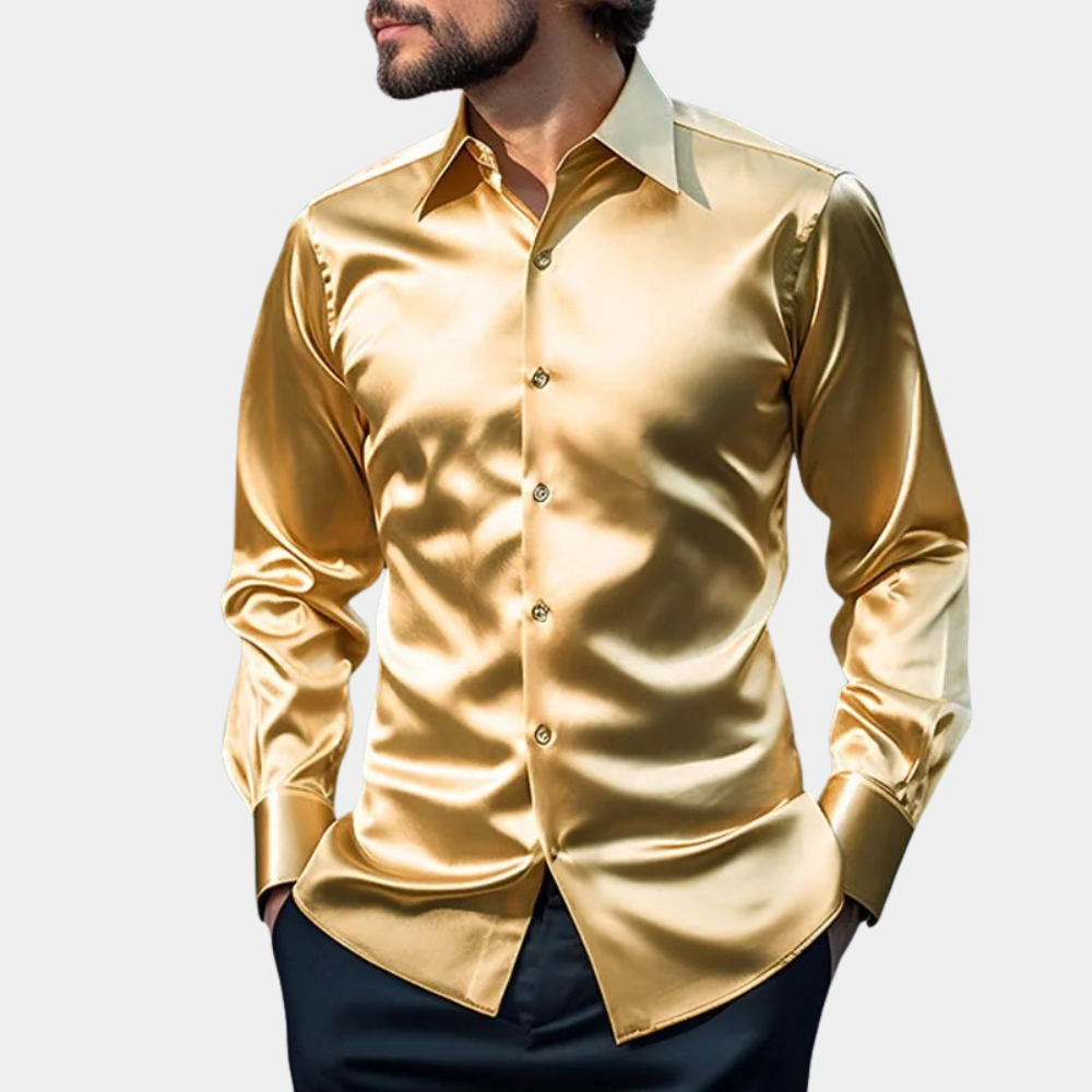 Mens Satin Look Long Sleeve Slim Fit Shirt With Classic Button Closure Elegant Formal Dress Shirt For Festive Occasions