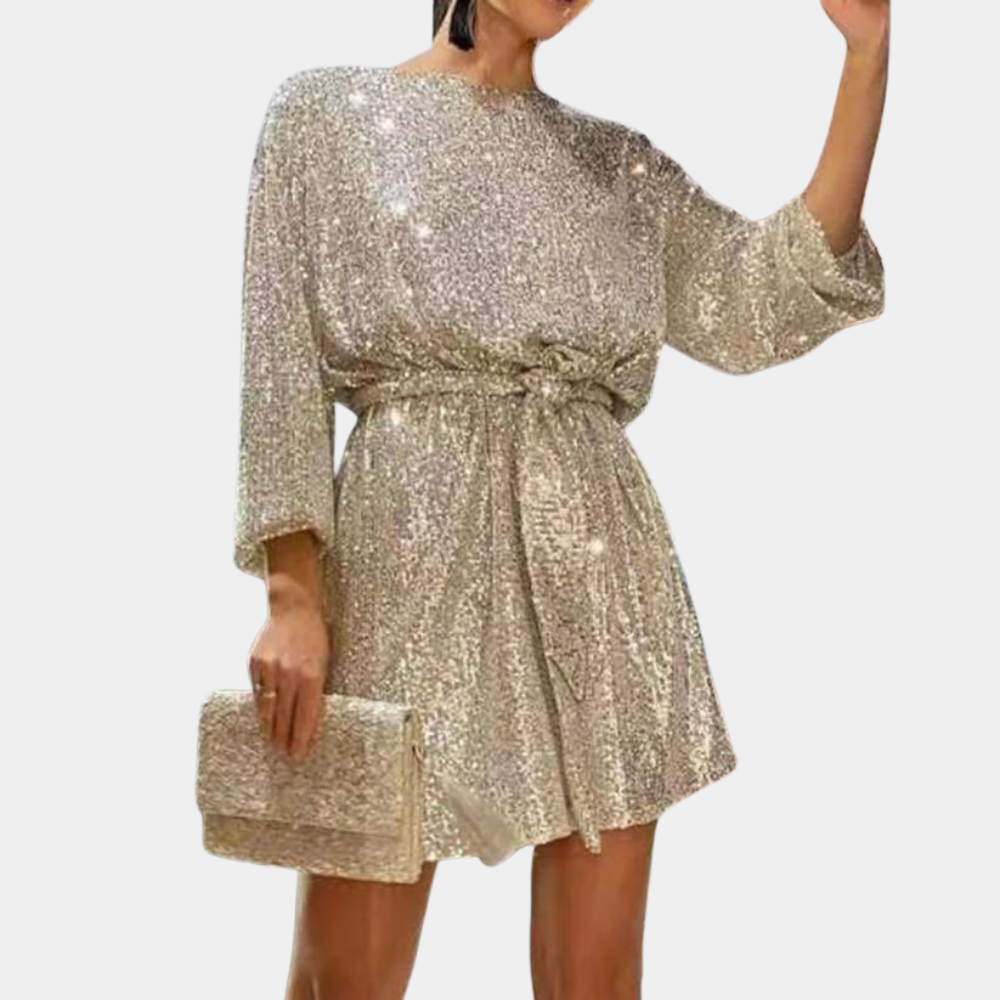 Women's Sequin Dress - Knee Length - Loose Fit - 3/4 Sleeves - Belt at Waist