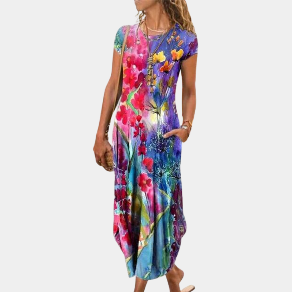 Women's Maxi Dress - Loose Fit - Breathable and Light - Geometric Pattern - Short Sleeves
