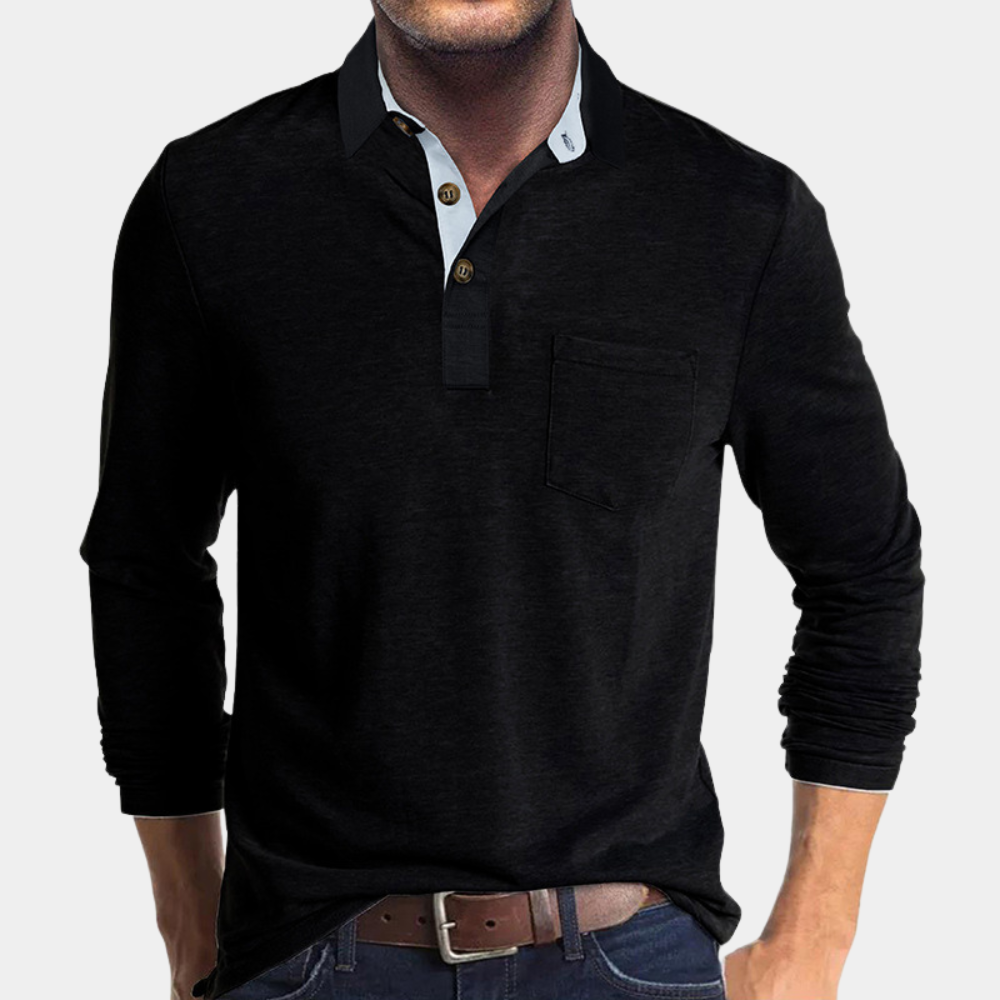 TrendAura Men's Long Sleeve Polo Shirt Cotton Casual Lightweight With Pocket And Button Placket