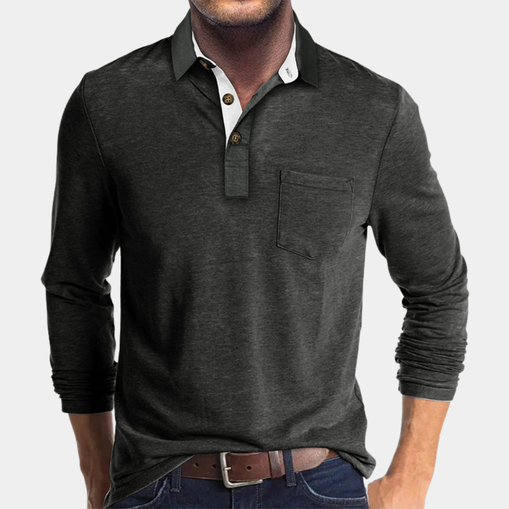 TrendAura Men's Long Sleeve Polo Shirt Cotton Casual Lightweight With Pocket And Button Placket