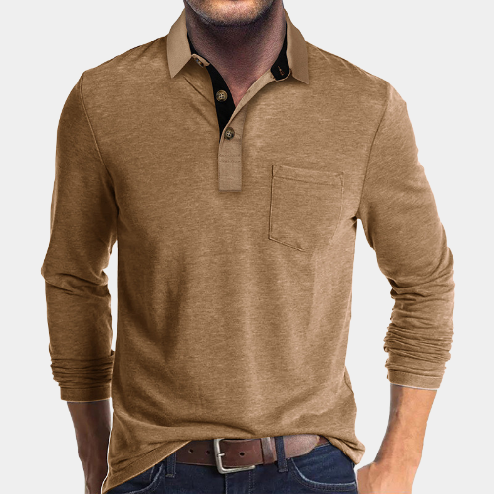 TrendAura Men's Long Sleeve Polo Shirt Cotton Casual Lightweight With Pocket And Button Placket