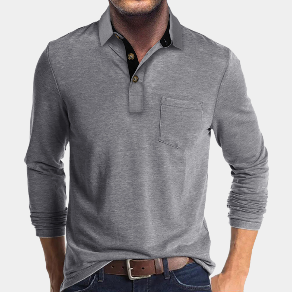 TrendAura Men's Long Sleeve Polo Shirt Cotton Casual Lightweight With Pocket And Button Placket
