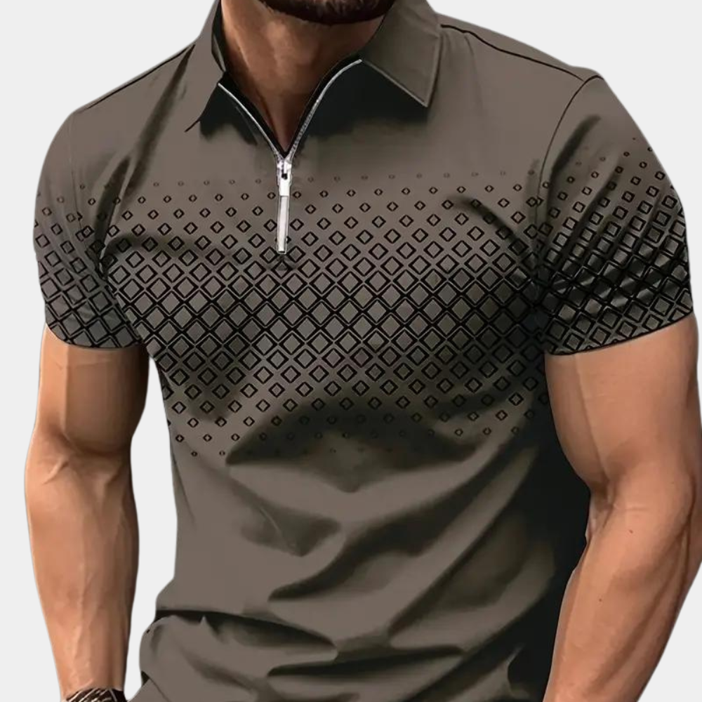 Men's Zip Front Polo Shirt With Short Sleeves Geometric Pattern Slim Fit For Casual To Smart Casual