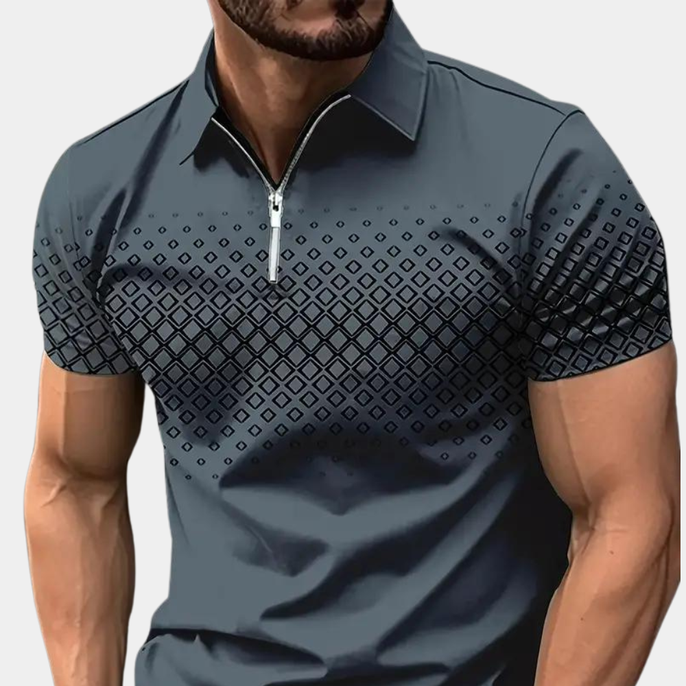 Men's Zip Front Polo Shirt With Short Sleeves Geometric Pattern Slim Fit For Casual To Smart Casual