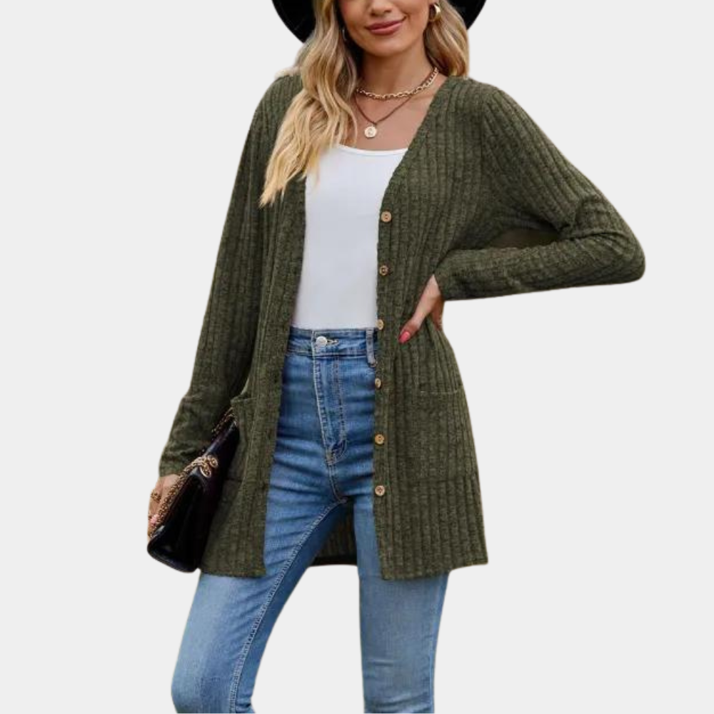Women's Cardigan - Long Ribbed Knit - Button Closure & Front Pockets - Soft & Comfortable
