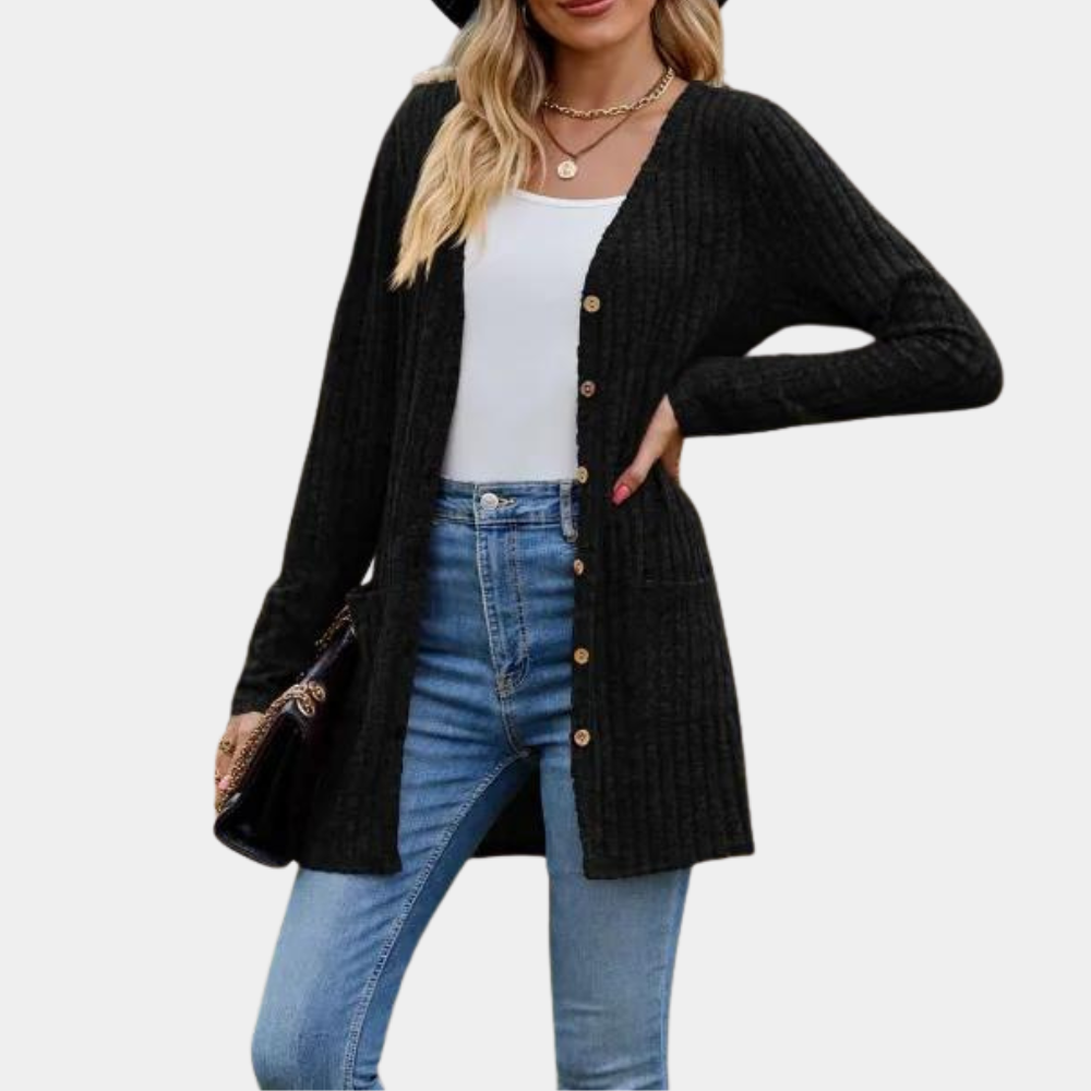 Women's Cardigan - Long Ribbed Knit - Button Closure & Front Pockets - Soft & Comfortable