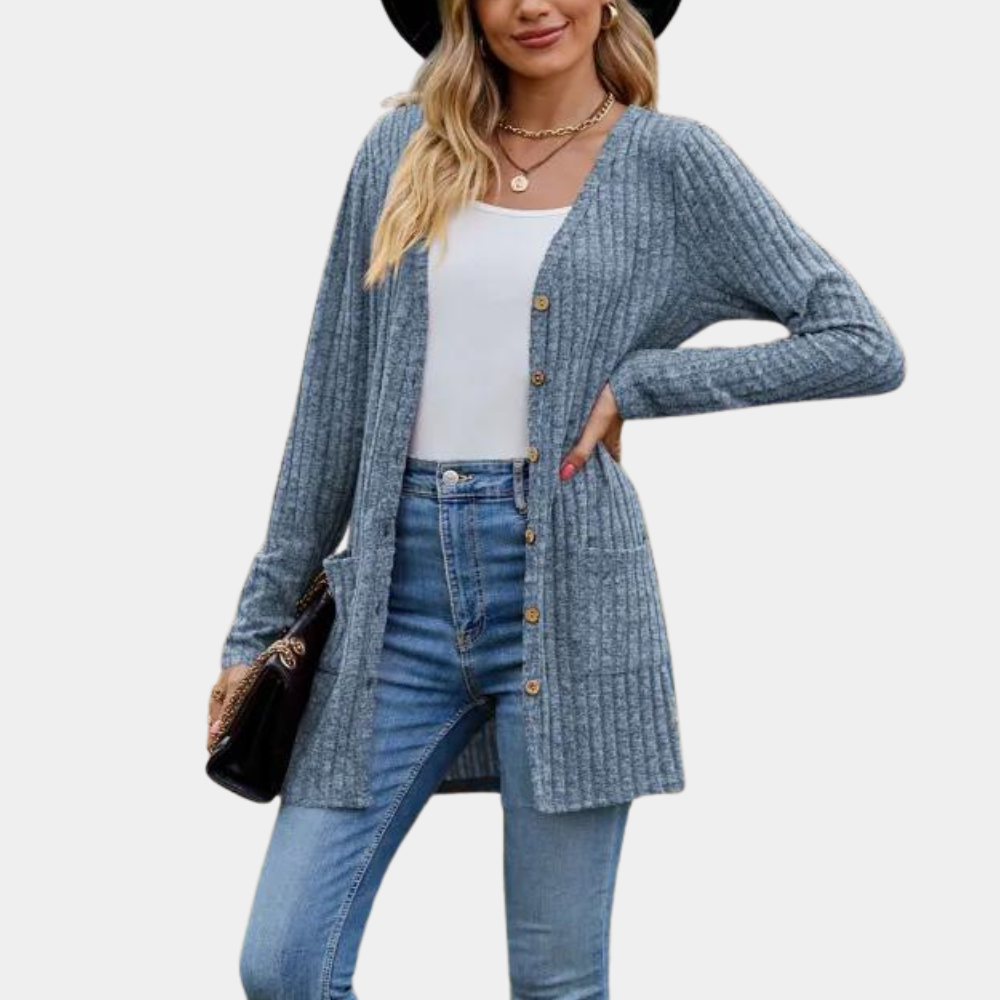 Women's Cardigan - Long Ribbed Knit - Button Closure & Front Pockets - Soft & Comfortable