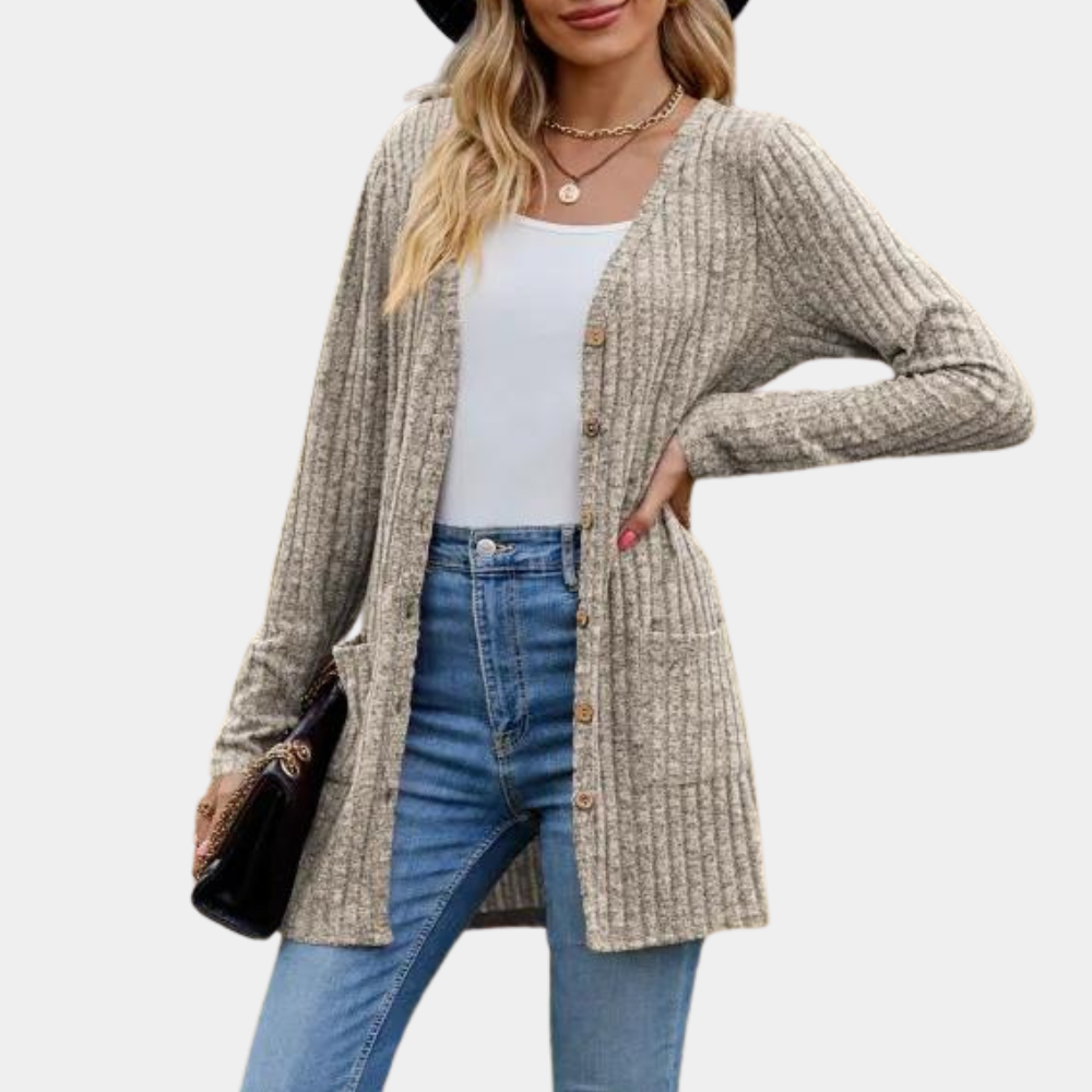 Women's Cardigan - Long Ribbed Knit - Button Closure & Front Pockets - Soft & Comfortable