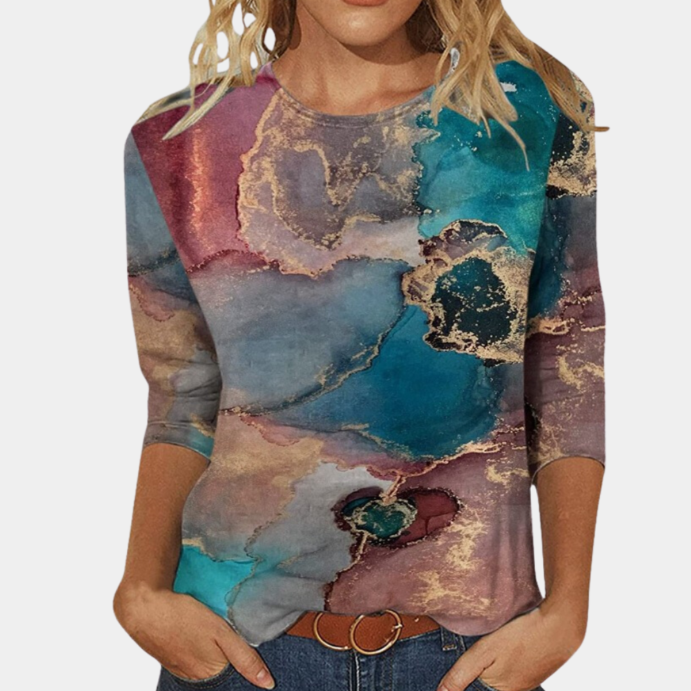 Women's Blouse - Long-Sleeved with Round Neck - Lightweight and Comfortable - Modern Pattern