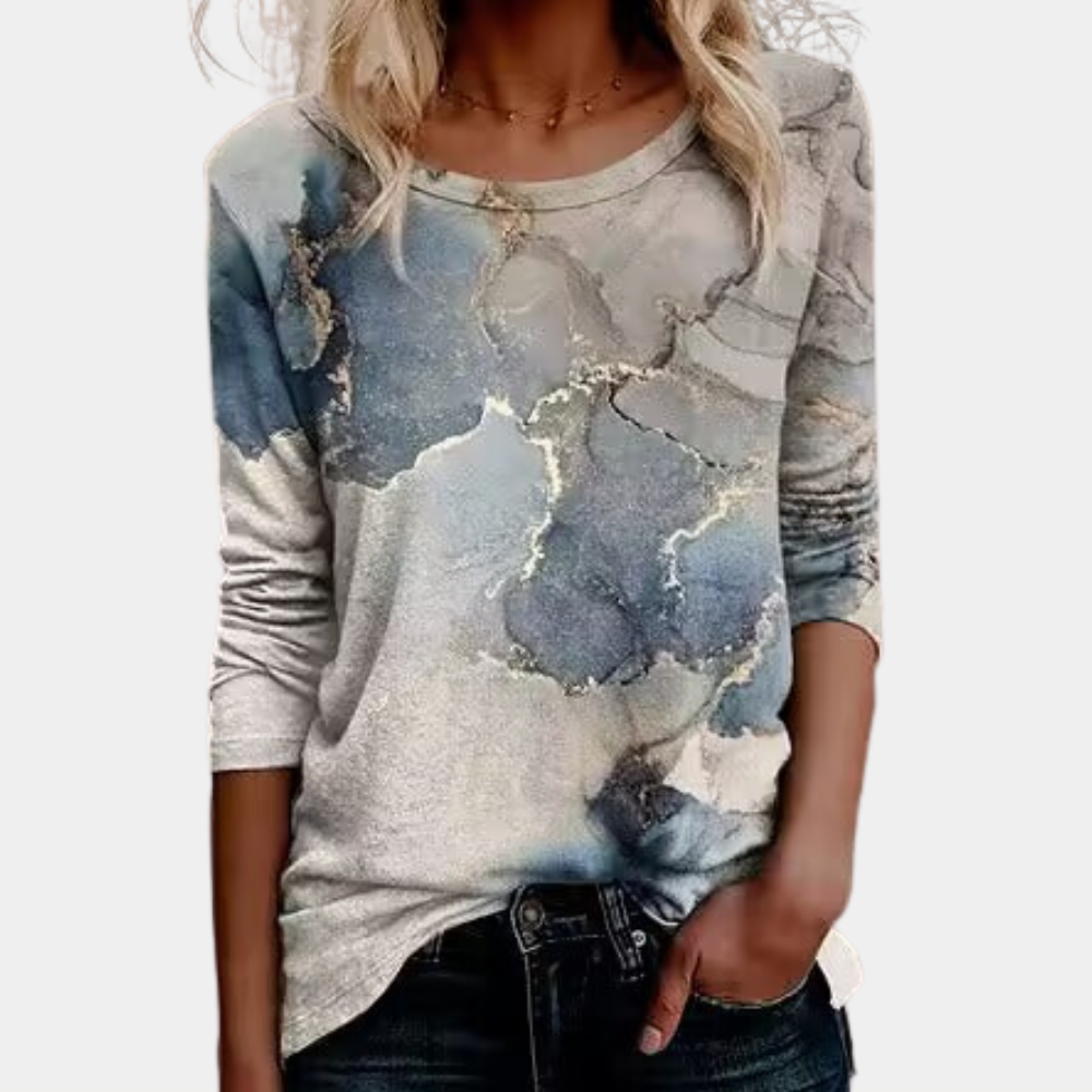 Women's Blouse - Long-Sleeved with Round Neck - Lightweight and Comfortable - Modern Pattern