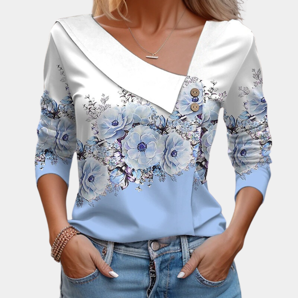 Women's Blouse - Asymmetric Neckline - Polka Dot Pattern - Long Sleeves - Loose Fit