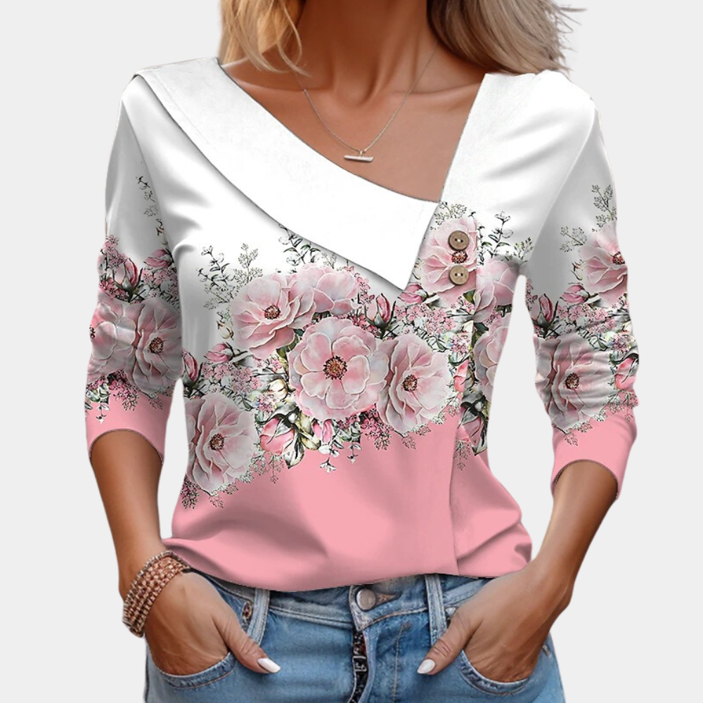 Women's Blouse - Asymmetric Neckline - Polka Dot Pattern - Long Sleeves - Loose Fit