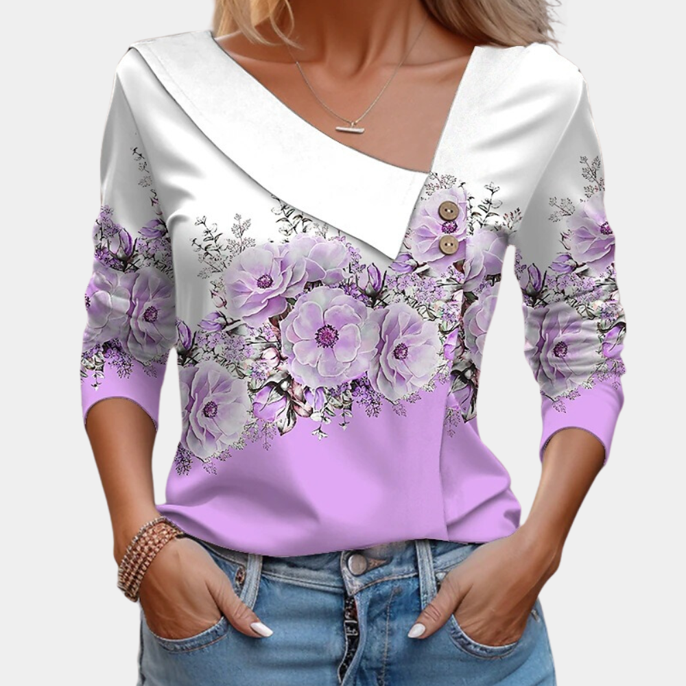 Women's Blouse - Asymmetric Neckline - Polka Dot Pattern - Long Sleeves - Loose Fit