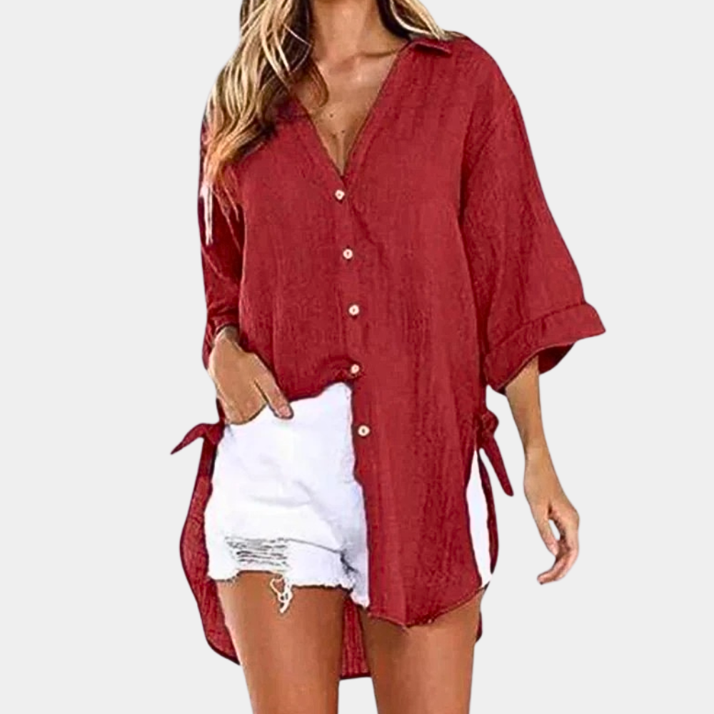 Light Blue Womens Button Up Blouse Lightweight Cotton Linen Relaxed Fit Adjustable Sleeves For Women Everyday Workwear