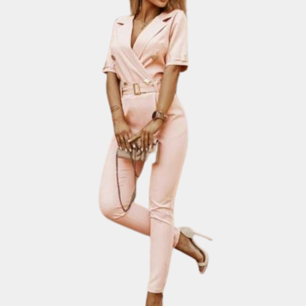 Women's Jumpsuit - Tailored Fit - V-Neck - Short Sleeve - Belt with Buckle