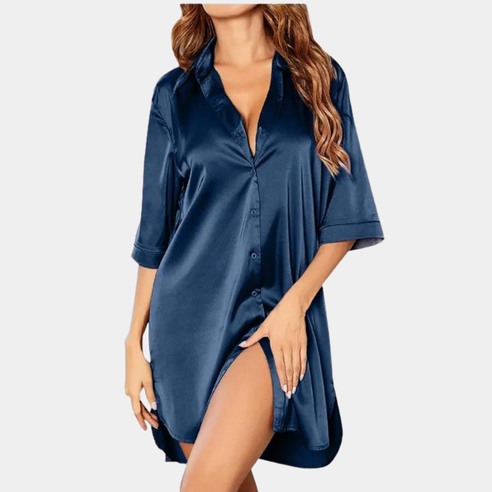 Women's Shirt Dress - Silk Satin - Button Closure - 3/4 Sleeves - Elegant and Comfortable