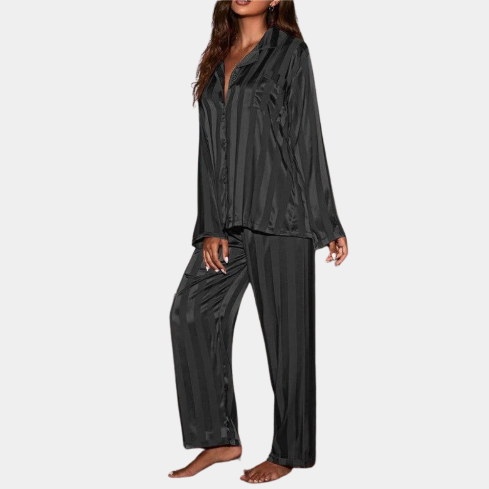 Women's Pajama Set - Satin - Long-Sleeved Shirt with Buttons - Elastic Waist Pants