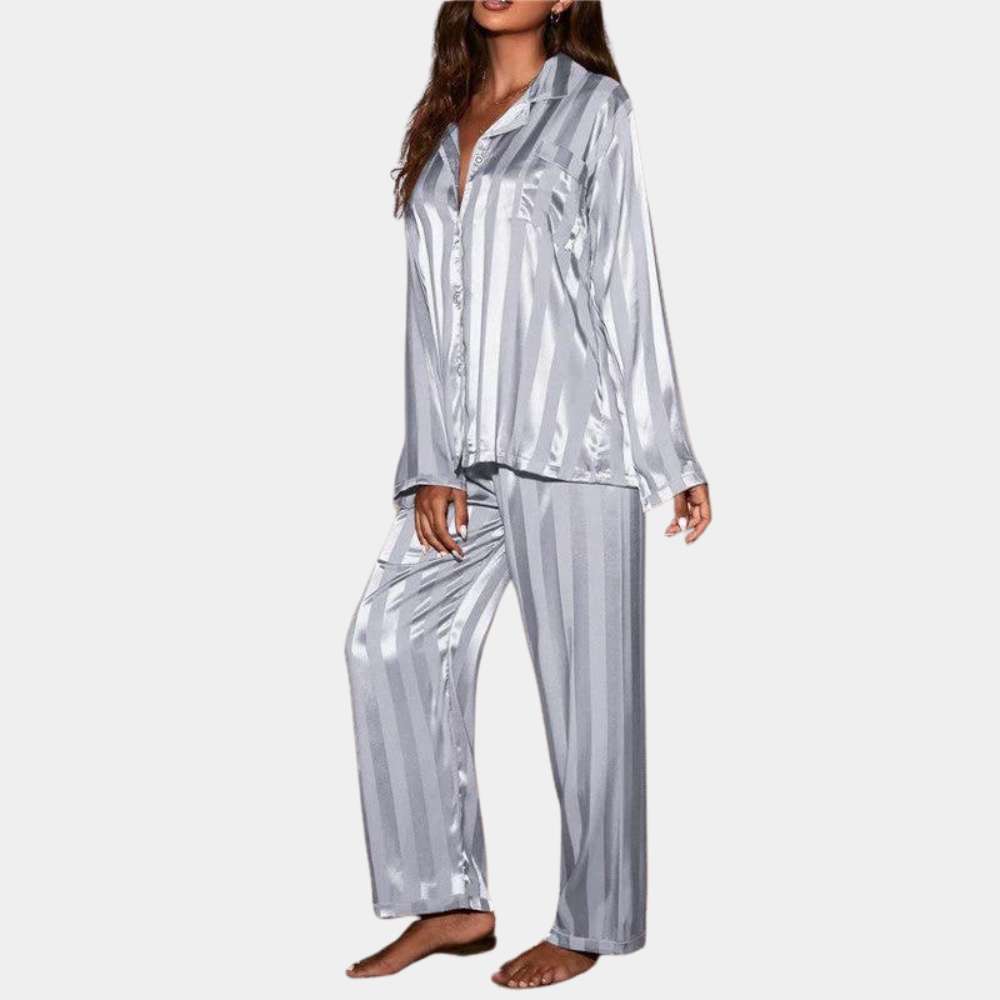 Women's Pajama Set - Satin - Long-Sleeved Shirt with Buttons - Elastic Waist Pants