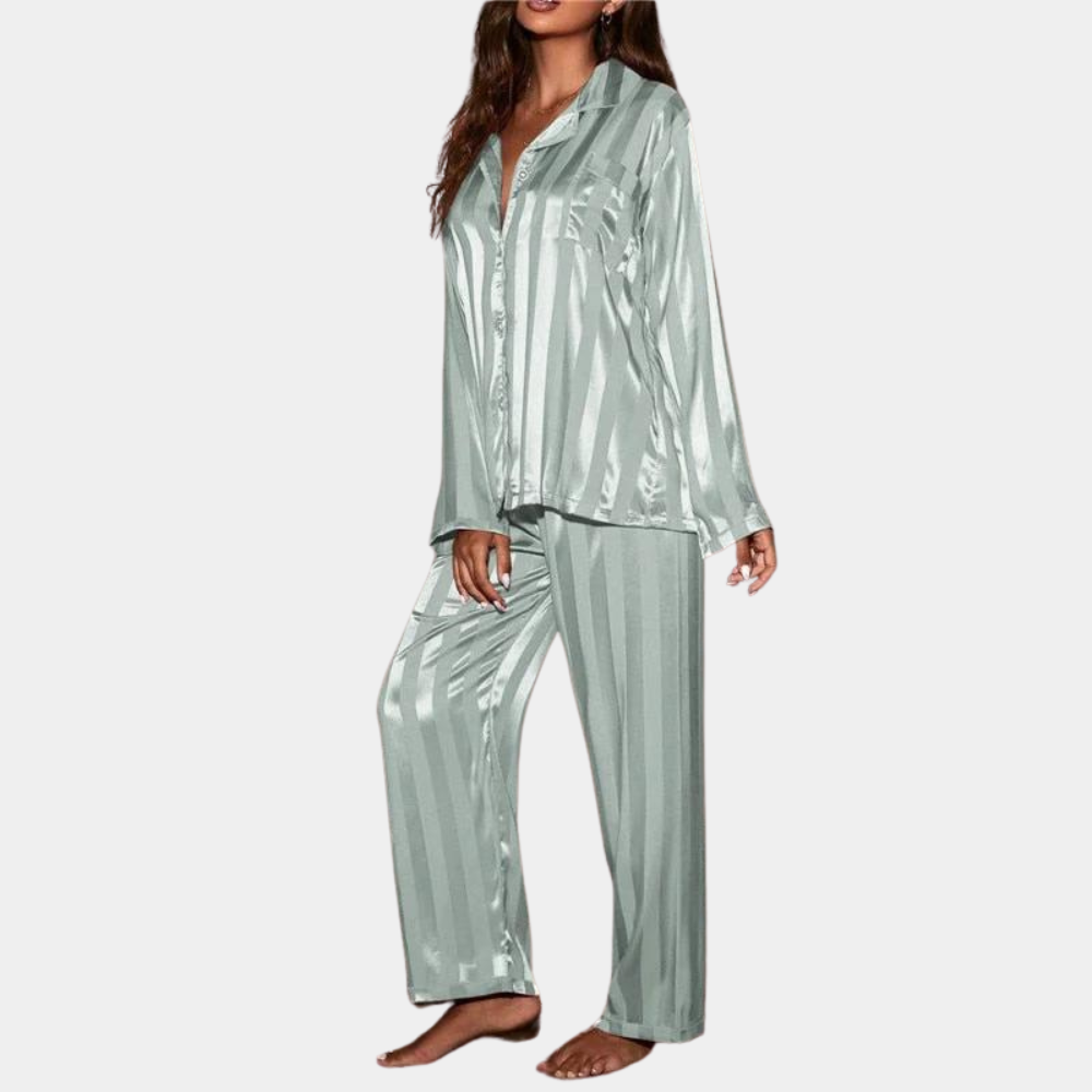 Women's Pajama Set - Satin - Long-Sleeved Shirt with Buttons - Elastic Waist Pants
