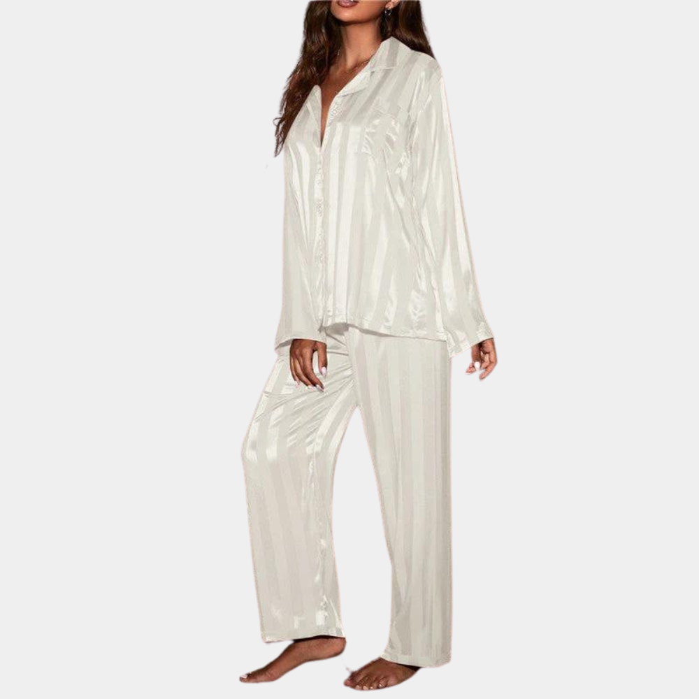 Women's Pajama Set - Satin - Long-Sleeved Shirt with Buttons - Elastic Waist Pants