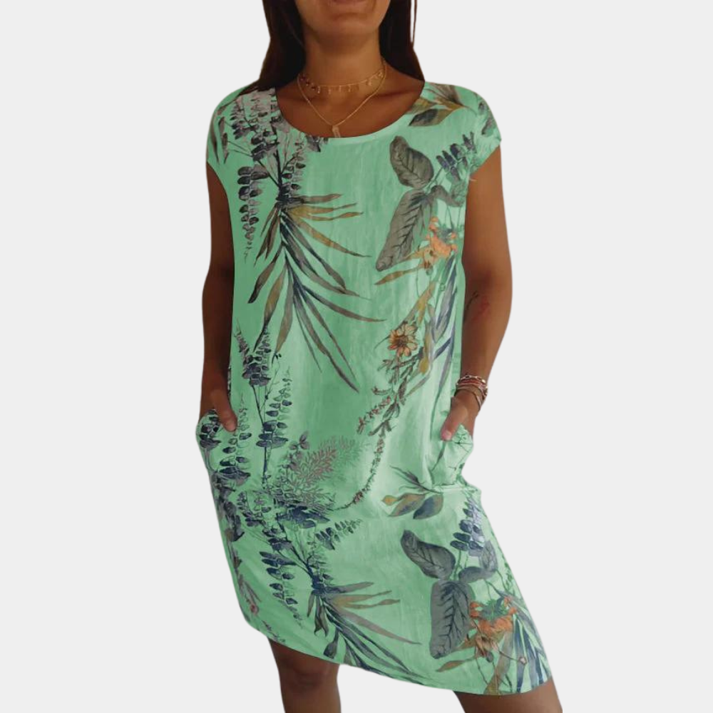 Women's Dress - Relaxed Fit - Round Neck - Short Sleeves - Flower & Leaf Print