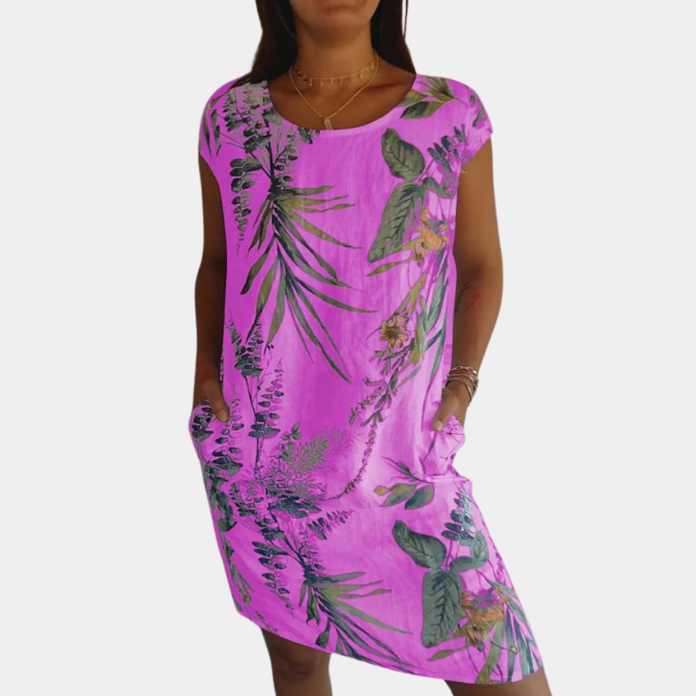 Women's Dress - Relaxed Fit - Round Neck - Short Sleeves - Flower & Leaf Print