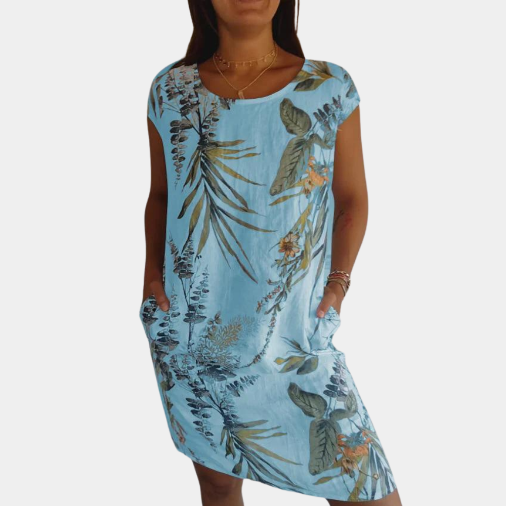 Women's Dress - Relaxed Fit - Round Neck - Short Sleeves - Flower & Leaf Print