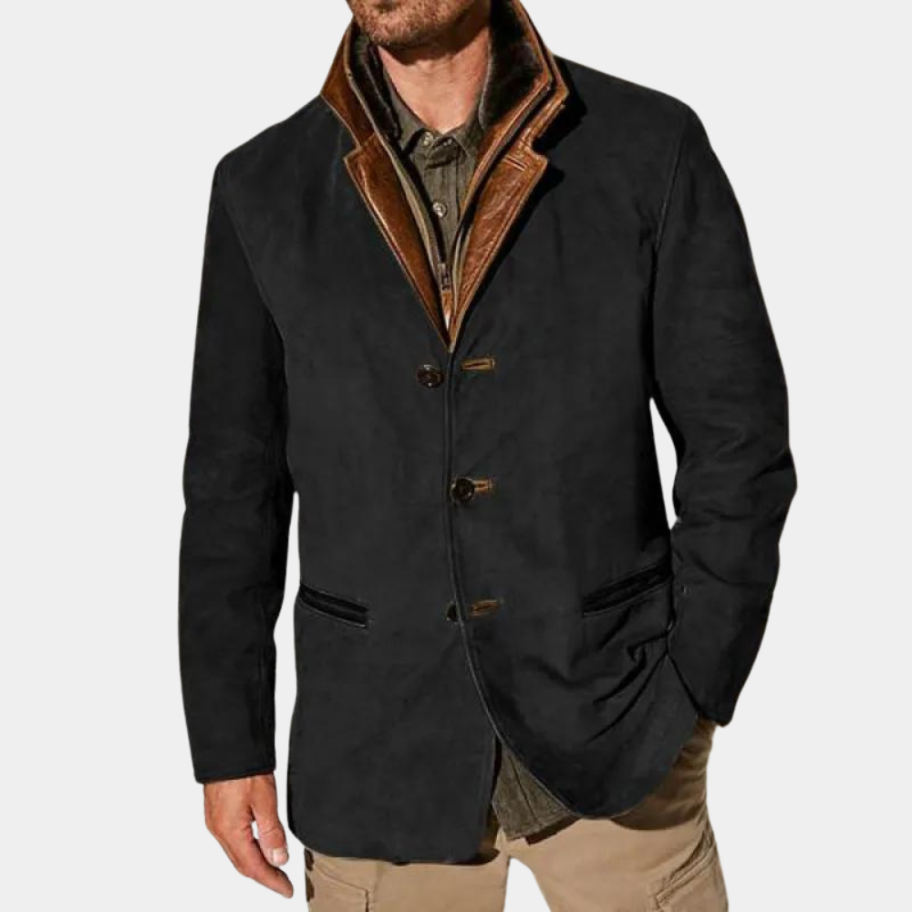 Men's Leather Detailing Jacket With Suede Look Classic Cut Vintage Nordic Inspiration Brown
