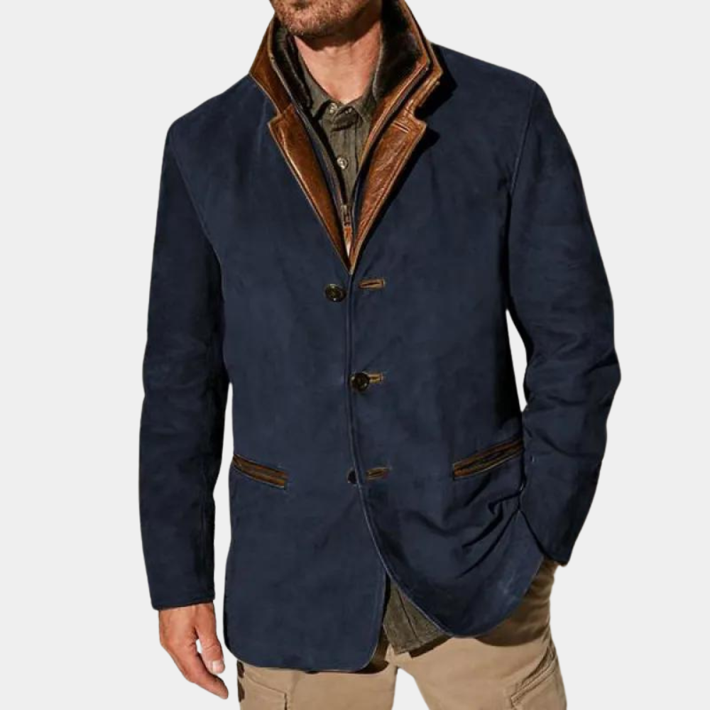 Men's Leather Detailing Jacket With Suede Look Classic Cut Vintage Nordic Inspiration Brown