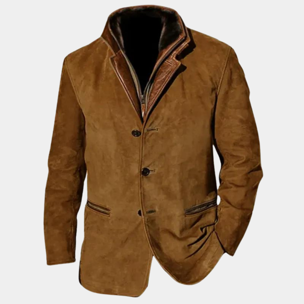 Men's Leather Detailing Jacket With Suede Look Classic Cut Vintage Nordic Inspiration Brown