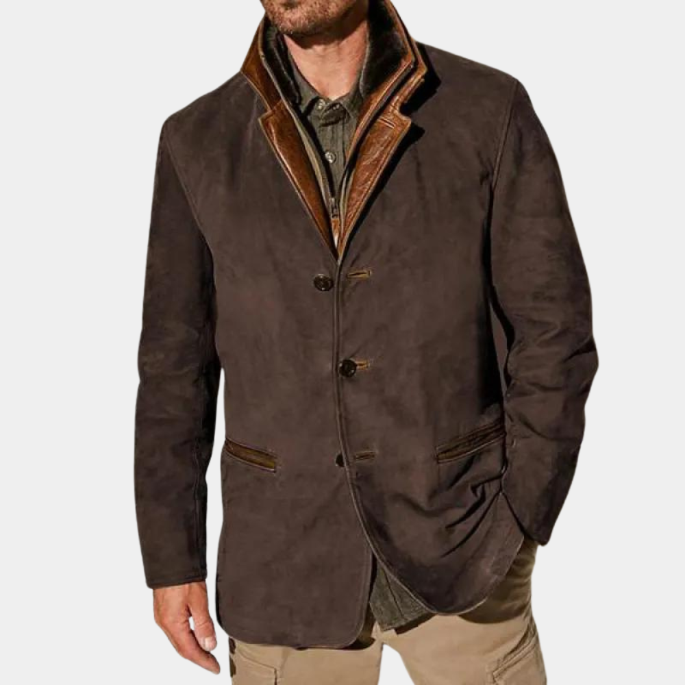 Men's Leather Detailing Jacket With Suede Look Classic Cut Vintage Nordic Inspiration Brown