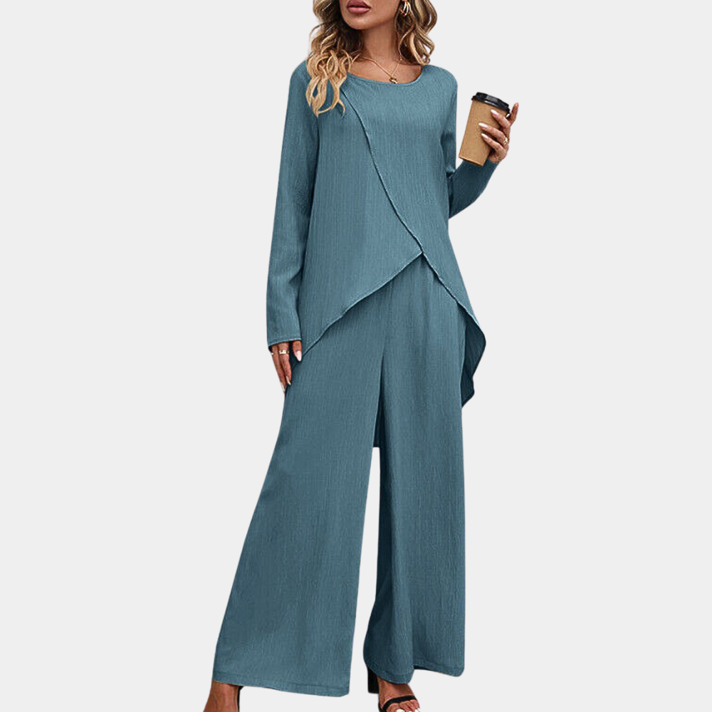 Women's Two-Piece Set - Asymmetric Blouse & Wide-Leg Pants - Elegant & Comfortable