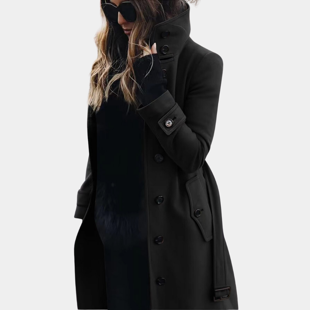 Women's Long Coat - Tailored Fit - Double Breasted - High Collar - Flap Pockets