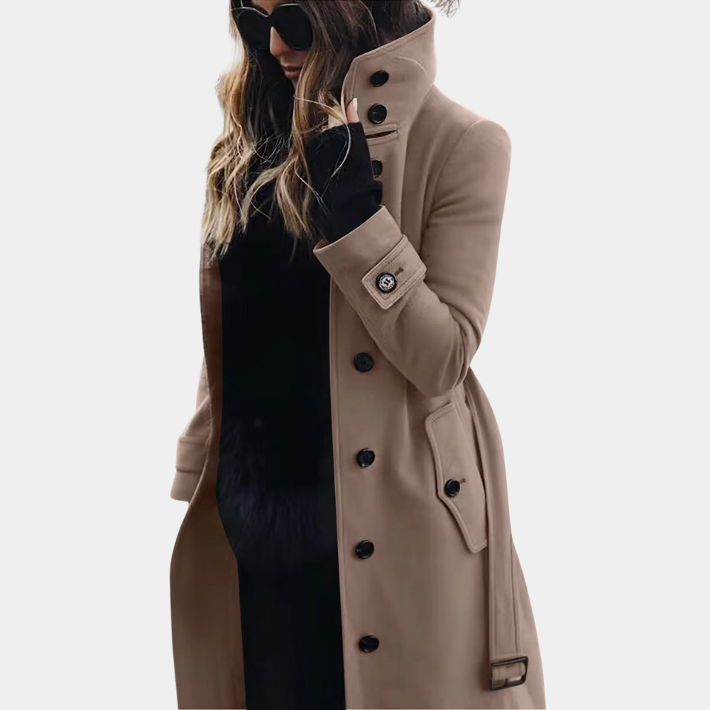 Women's Long Coat - Tailored Fit - Double Breasted - High Collar - Flap Pockets