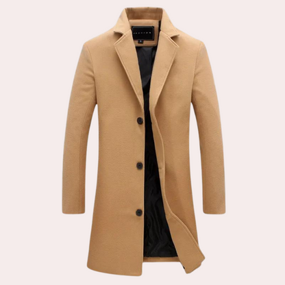Men's Wool Blend Coat With Single Breasted Closure Tailored Fit Knee Length Elegant Long Camel Coat
