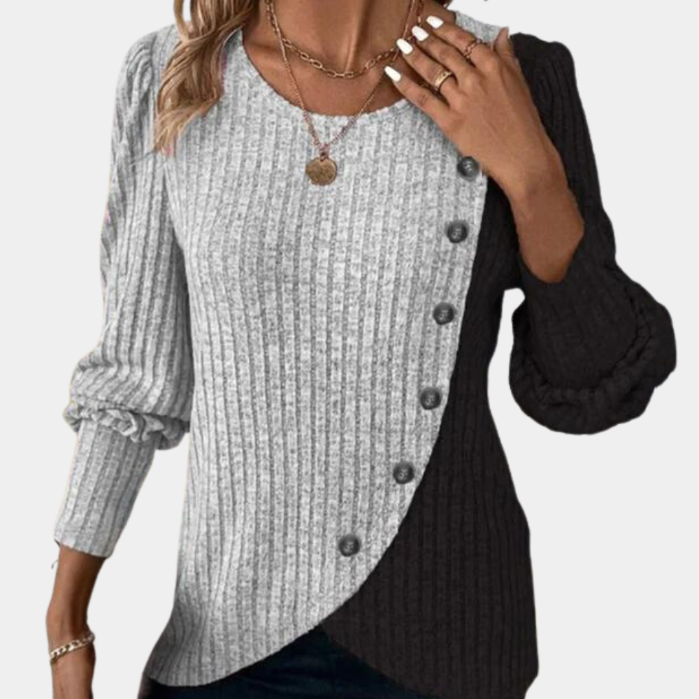 Women's Knit Sweater - Asymmetric Design - Button Detail - Relaxed Fit - Long Sleeved
