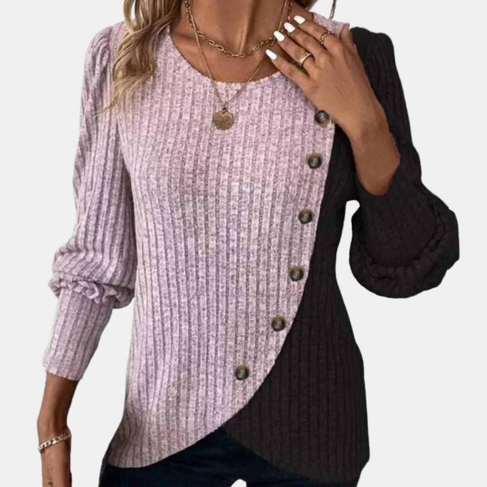 Women's Knit Sweater - Asymmetric Design - Button Detail - Relaxed Fit - Long Sleeved