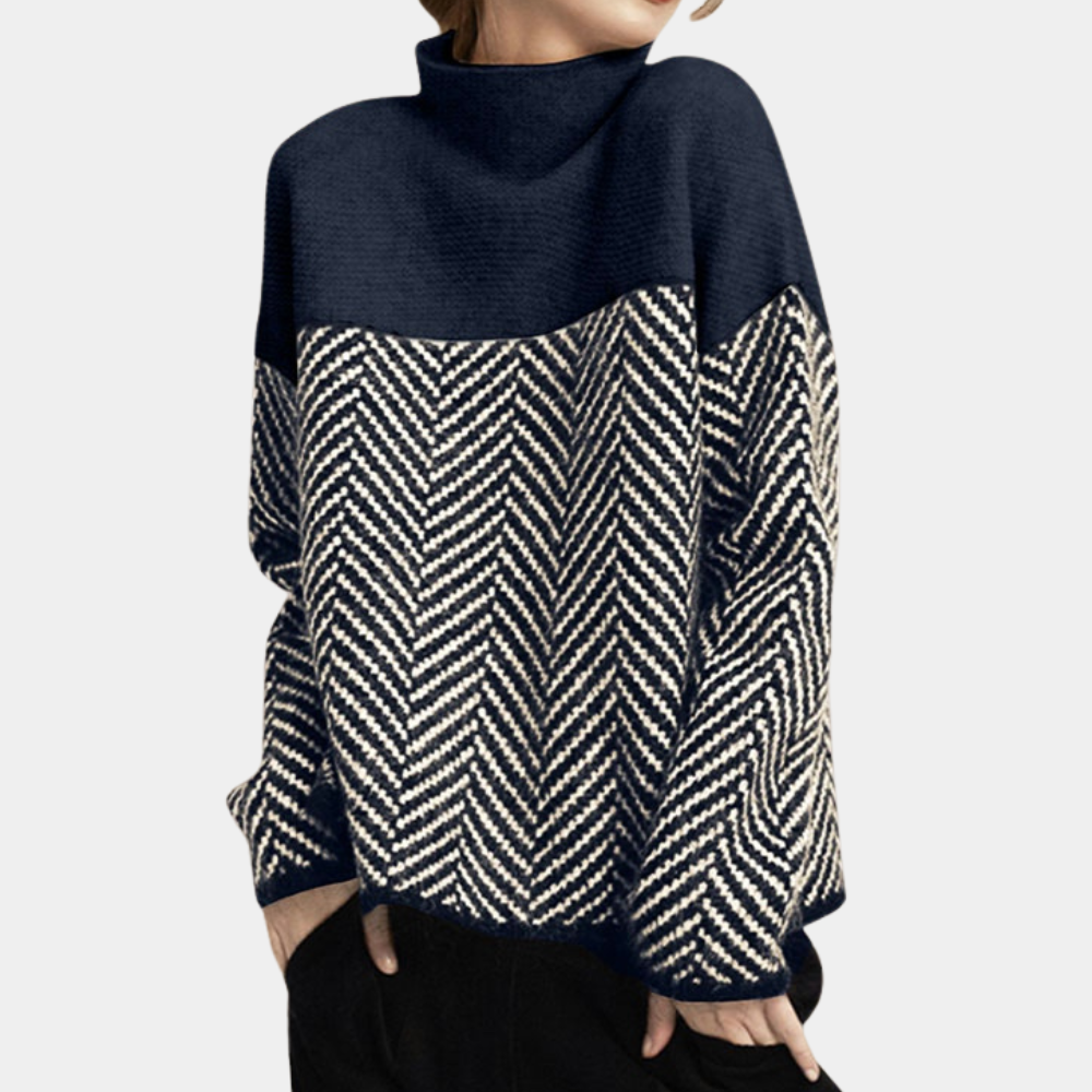 Women's Knit Sweater - Oversized Fit - High Turtleneck - Wool Blend with Herringbone Pattern